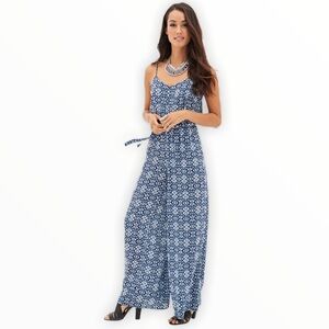 F21 Contemporary Geo Print Wide-Leg Jumpsuit With Tie Waist Blue Size Small